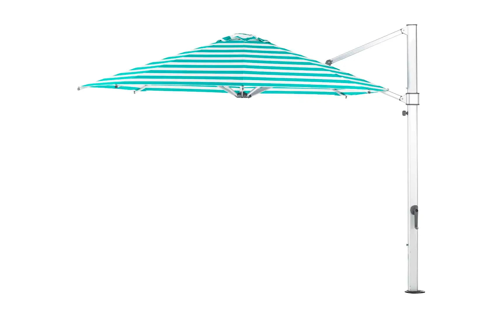 11-foot octagonal umbrella with clear cantilever design and silver ribs