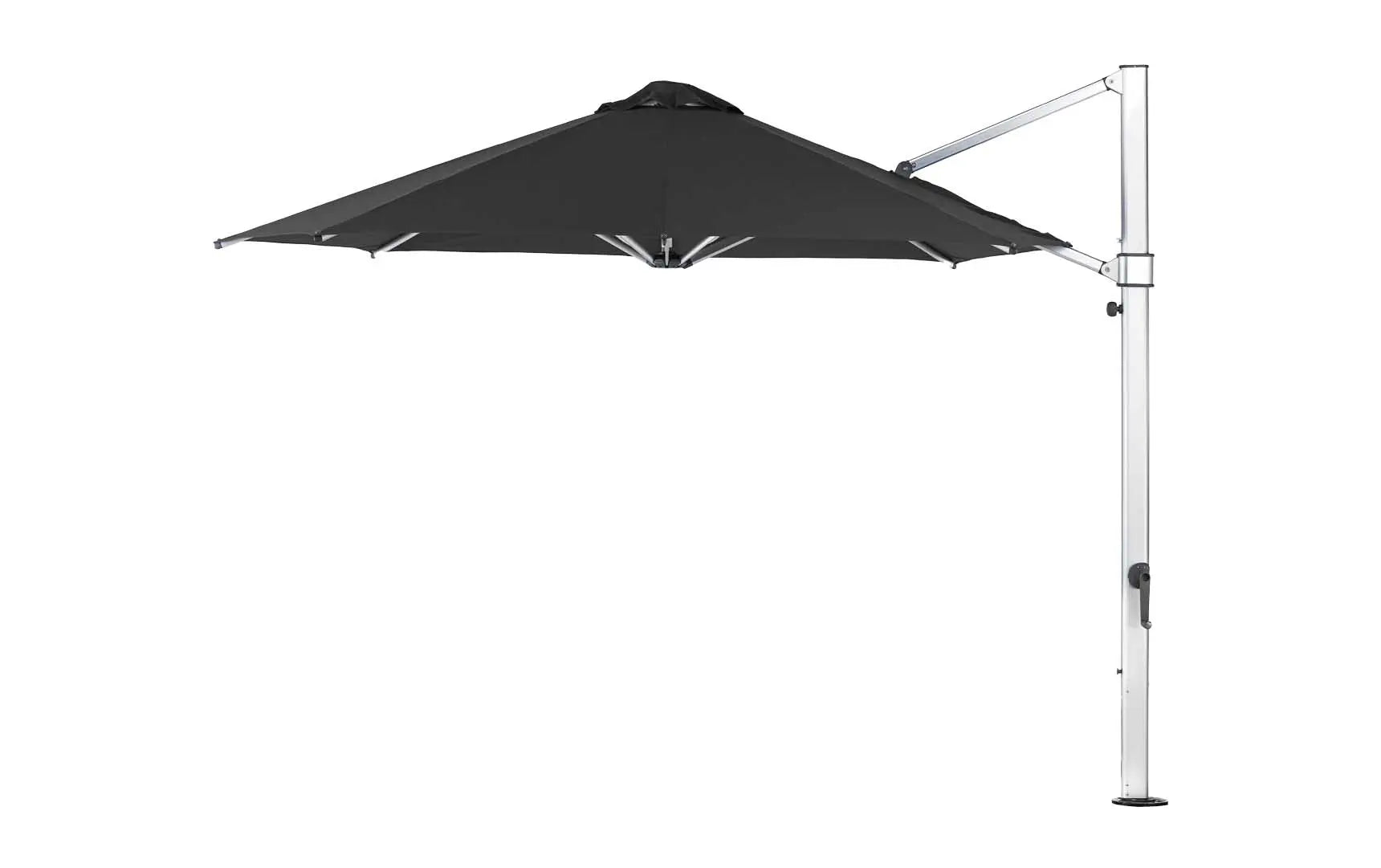 11-foot octagonal umbrella with clear cantilever design and silver ribs