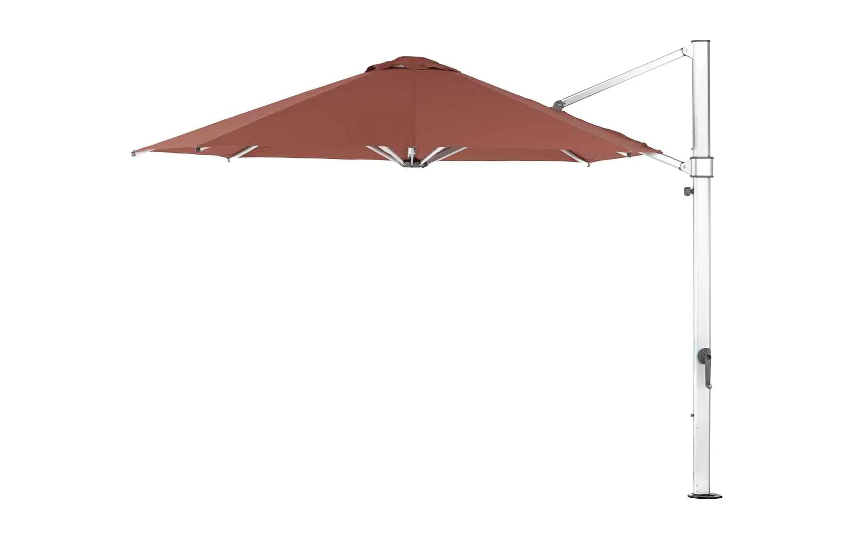 11-foot octagonal umbrella with clear cantilever design and silver ribs
