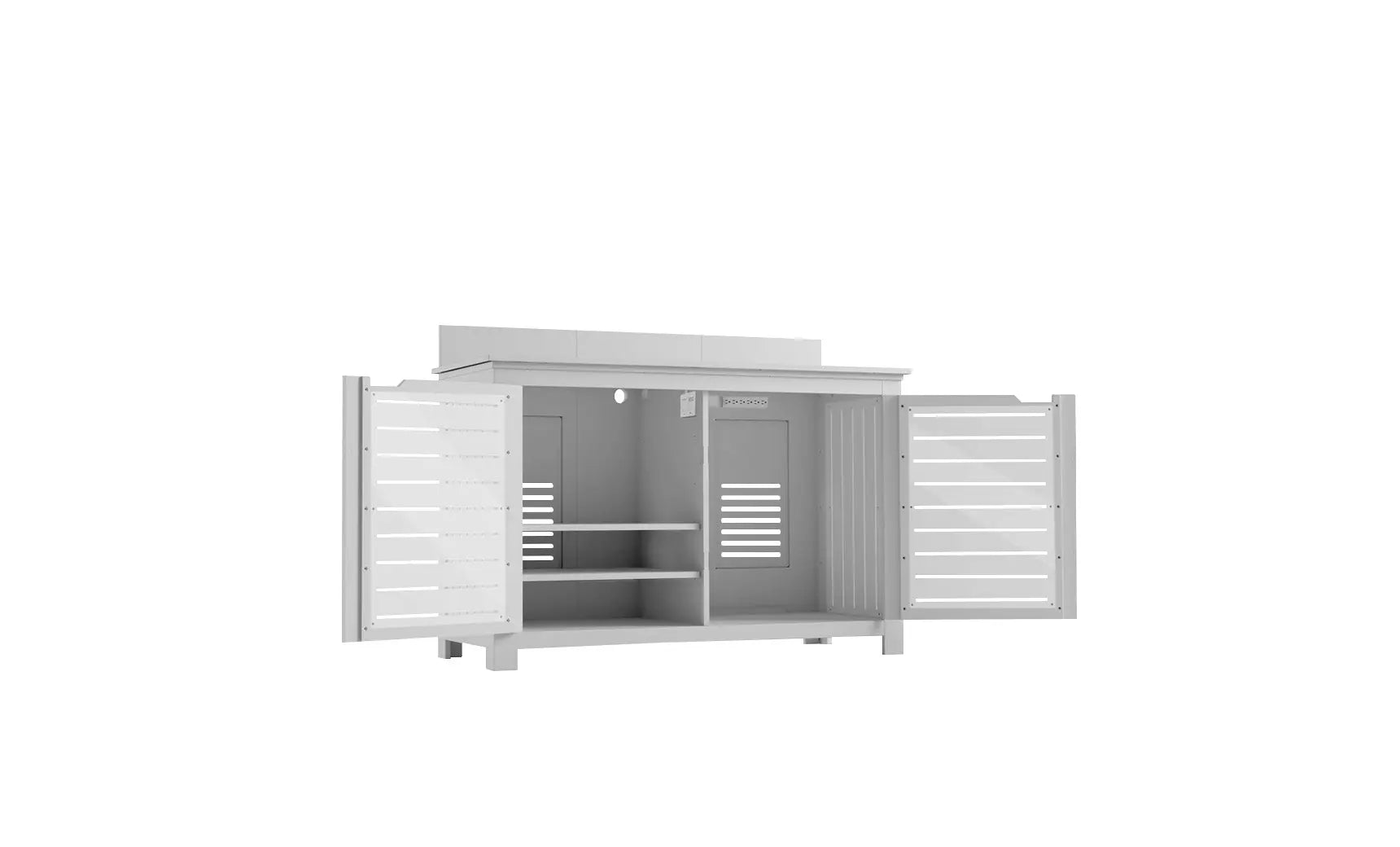 Mainstay bar credenza with wooden finish, glass doors, and interior shelving.