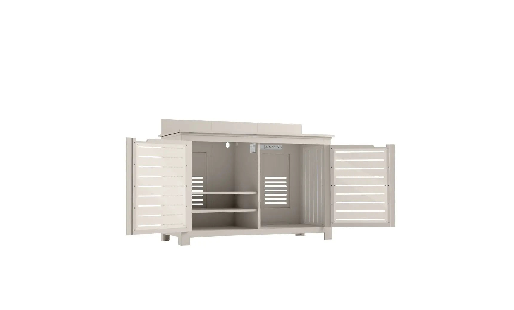 Mainstay bar credenza with wooden finish, glass doors, and drawers below.