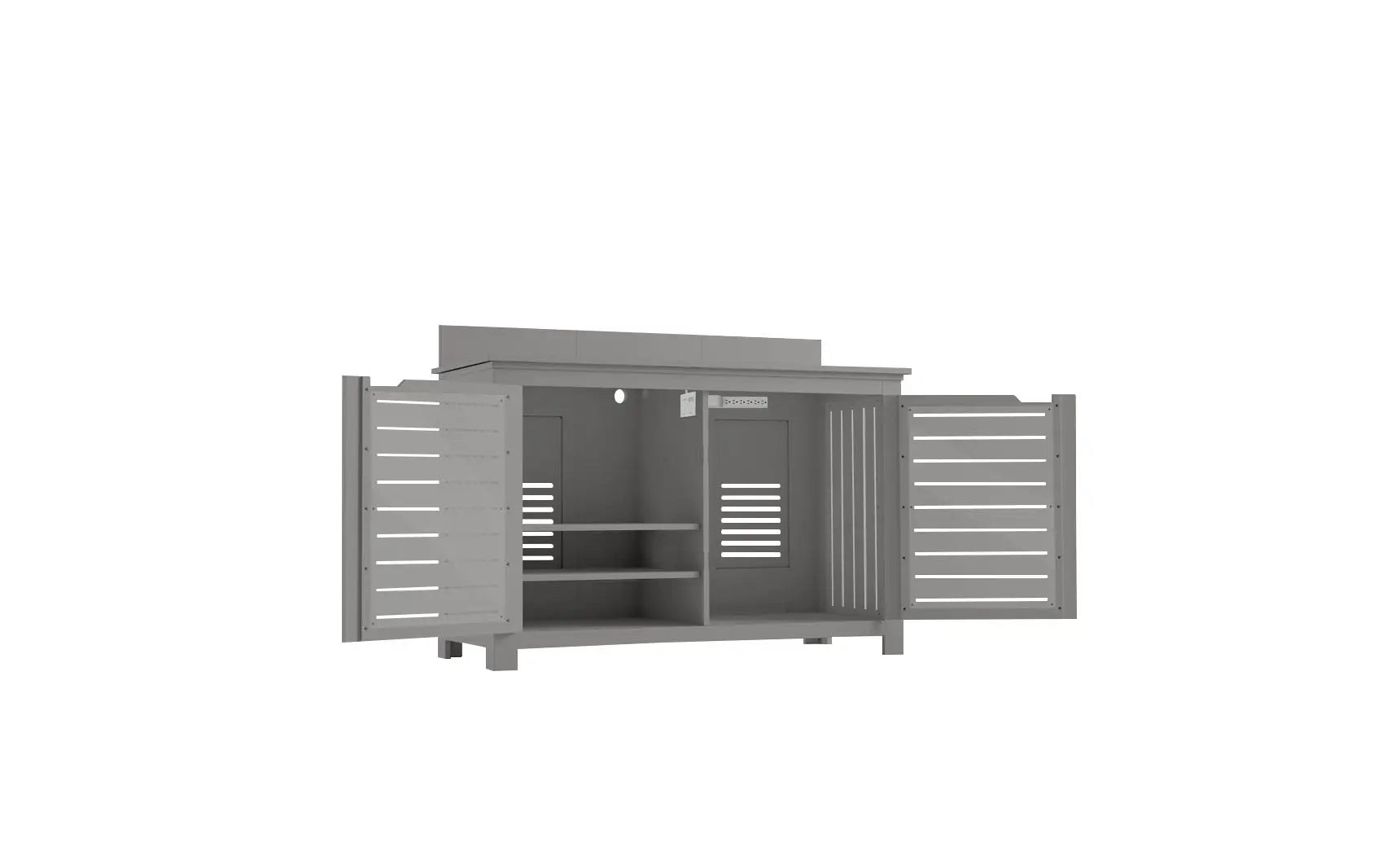 Mainstay bar credenza featuring wooden doors with glass inserts and adjustable shelving inside.