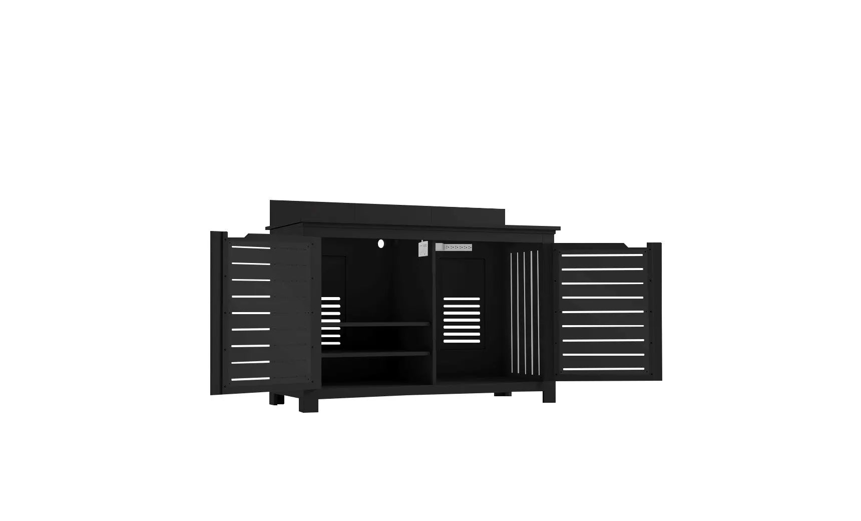 Mainstay bar credenza with wooden doors, glass shelving, and pull-out drawer.