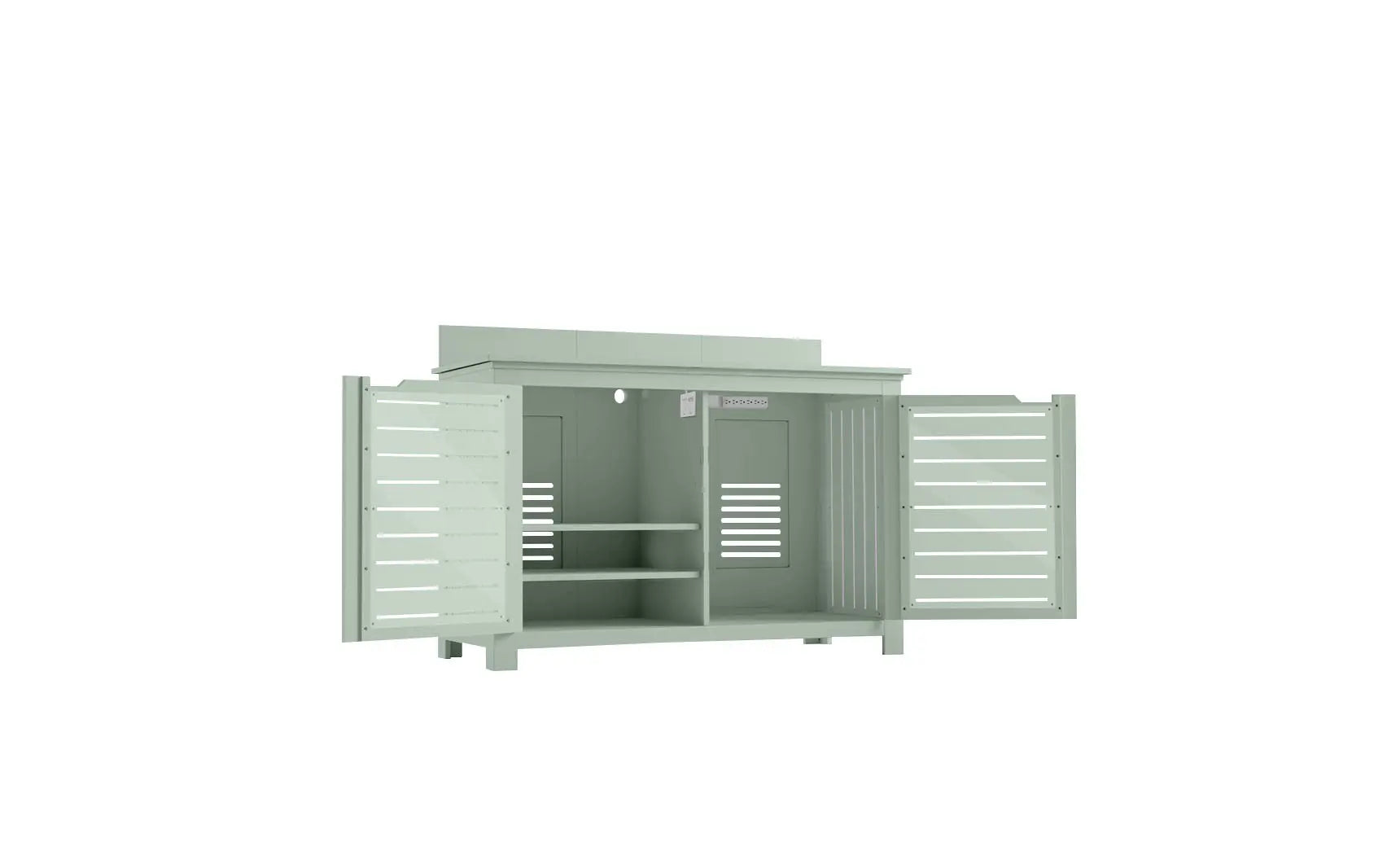 Mainstay bar credenza with wooden finish, glass doors, and interior shelving.