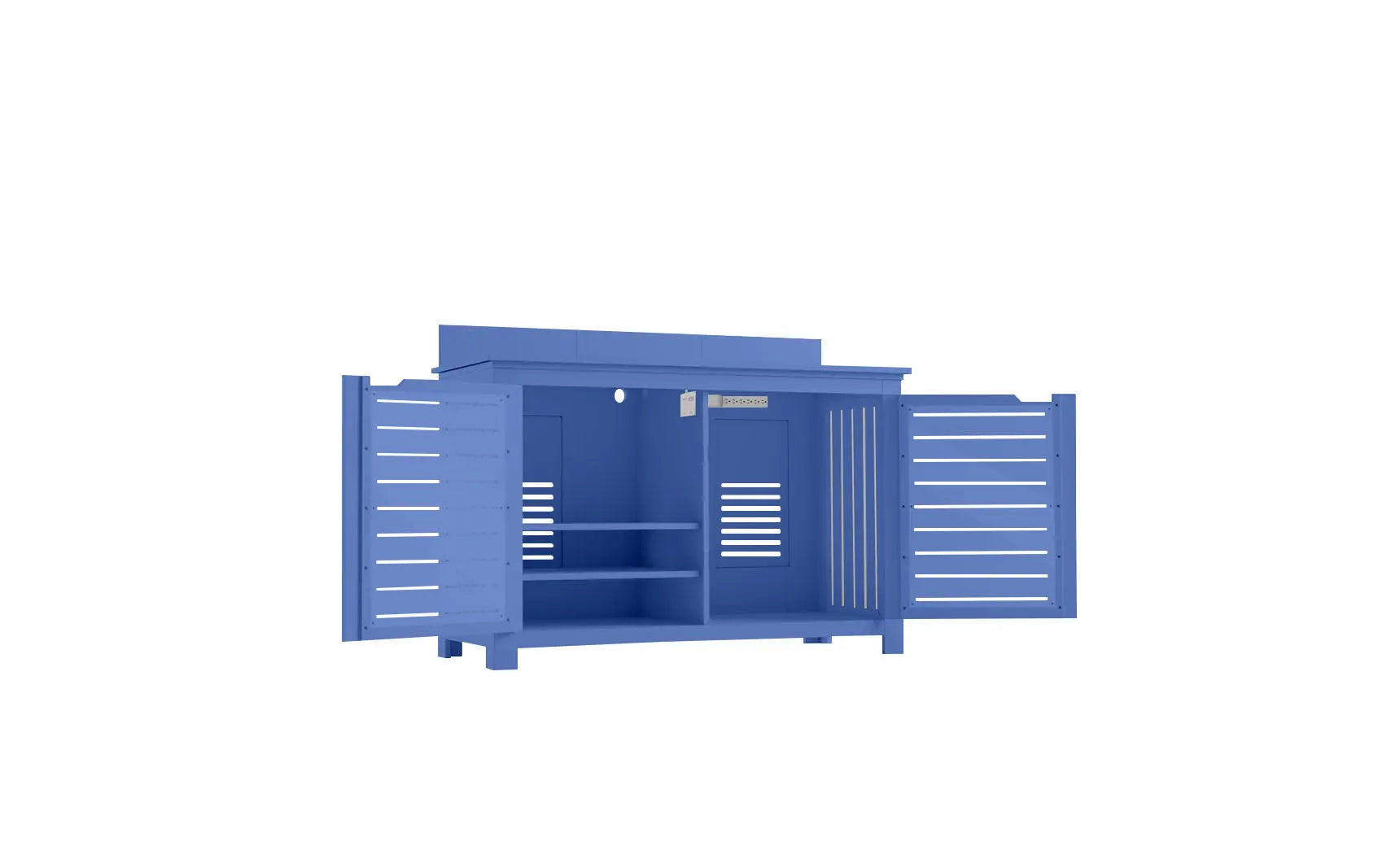 Mainstay bar credenza with wooden doors, glass shelving, and pull-out drawer.