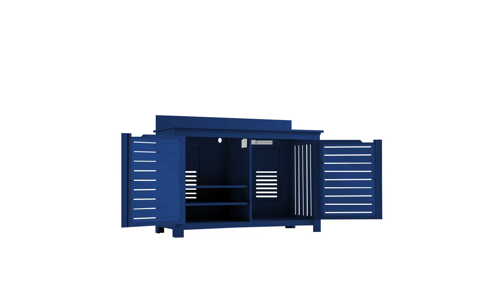 Mainstay bar credenza with wooden finish, glass doors, and interior shelving.