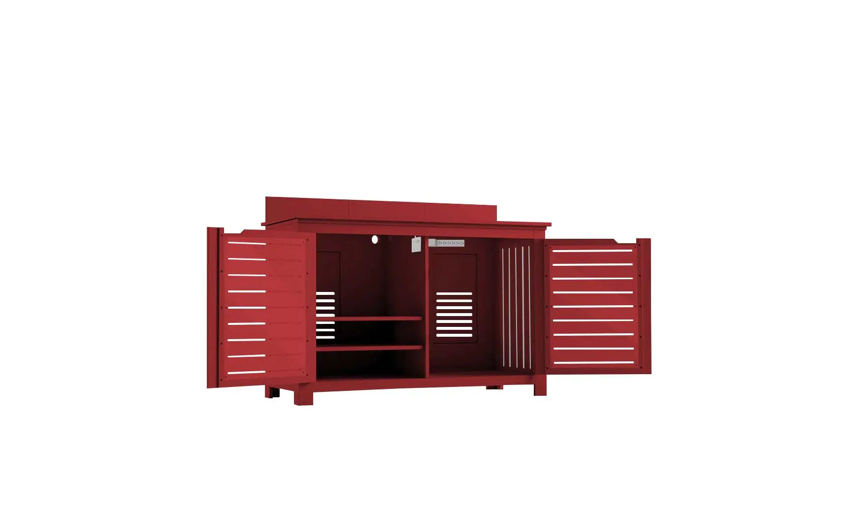 Mainstay bar credenza with wooden finish, glass doors, and interior shelving.