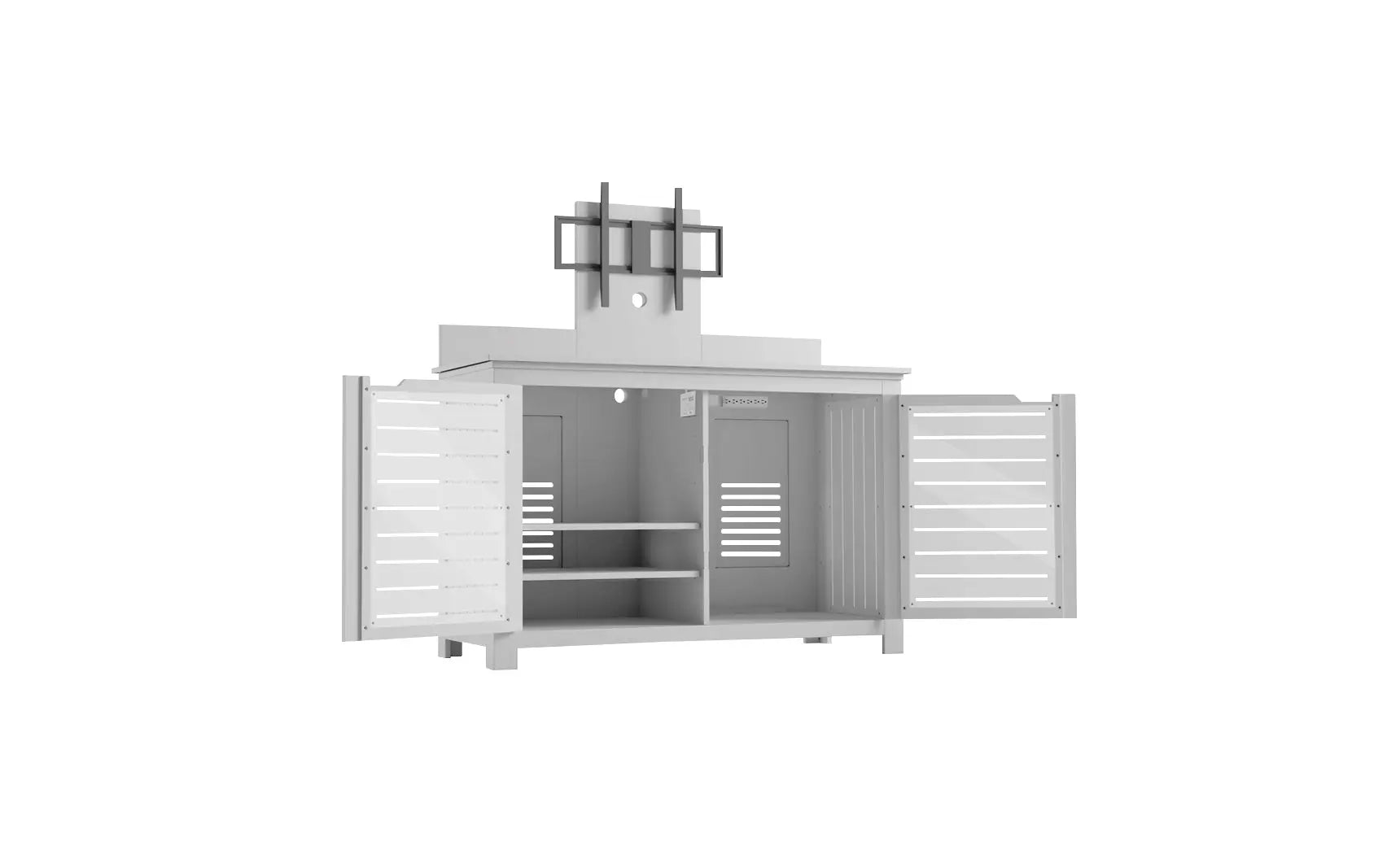 Mainstay bar credenza with wooden finish, glass doors, and interior shelving.