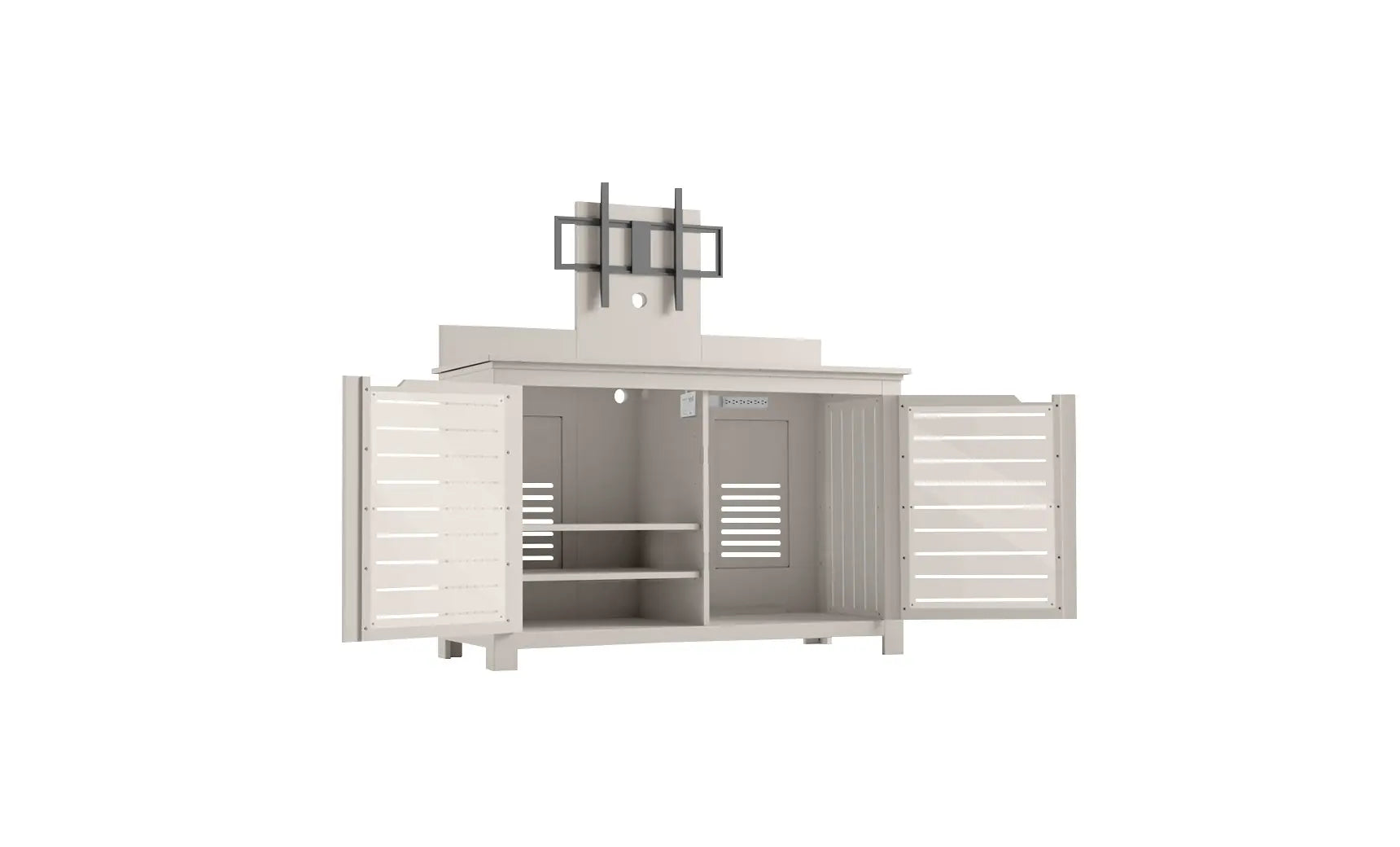 Mainstay bar credenza with wooden doors, glass shelving, and pull-out drawer.