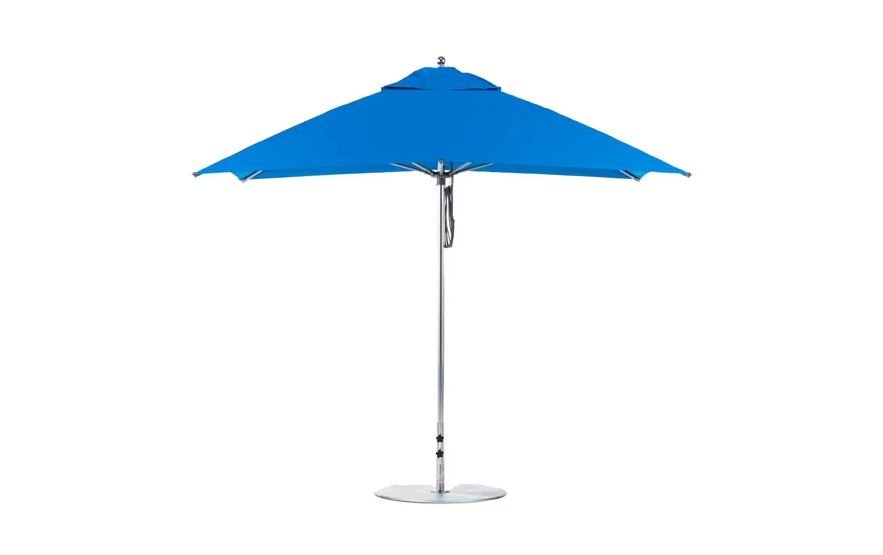 8.5-foot rectangle fiberglass umbrella in essential pulley design with black ribs and silver canopy