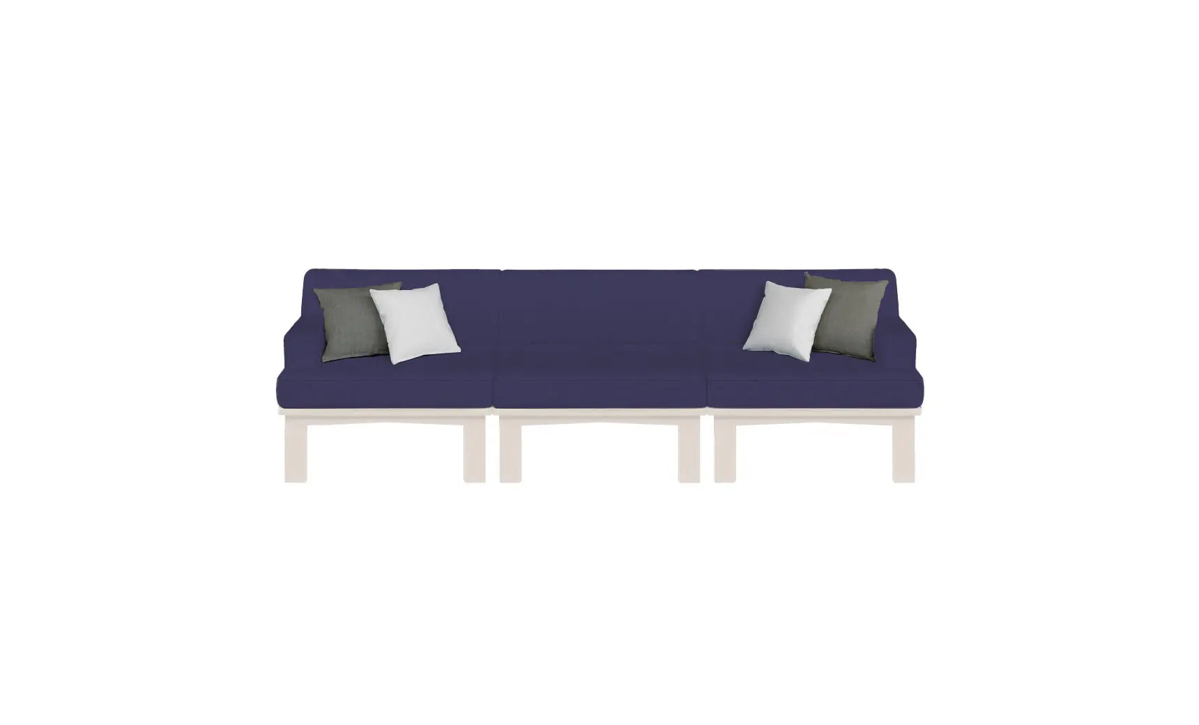 Mainstay sectional sofa in beige fabric with curved arms and matching ottoman and loveseat.