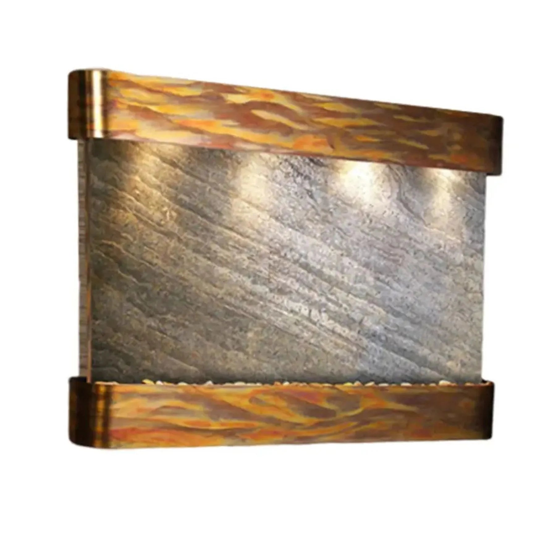 Decorative wall fountain with metallic finish on a white background