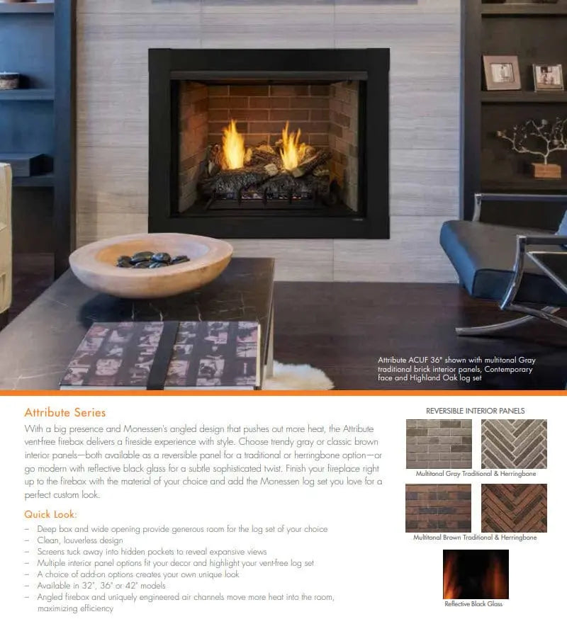 Monessen 32" Attribute Universal Circulating Vent-Free Firebox with Radiant Face and Multitonal Reversible Interior Panels