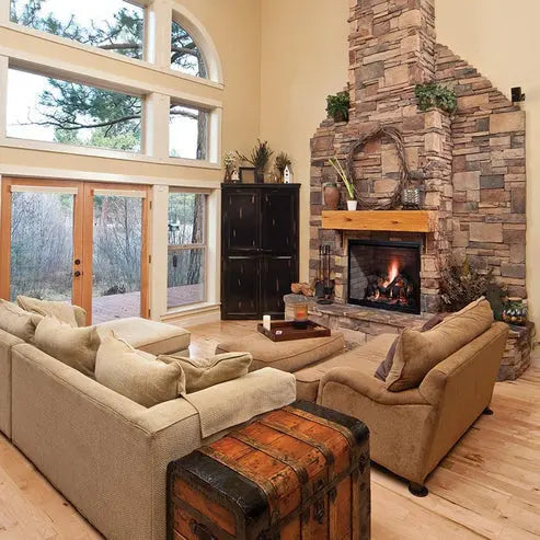 Majestic Biltmore 36-inch radiant wood burning fireplace with glass front and metal detailing