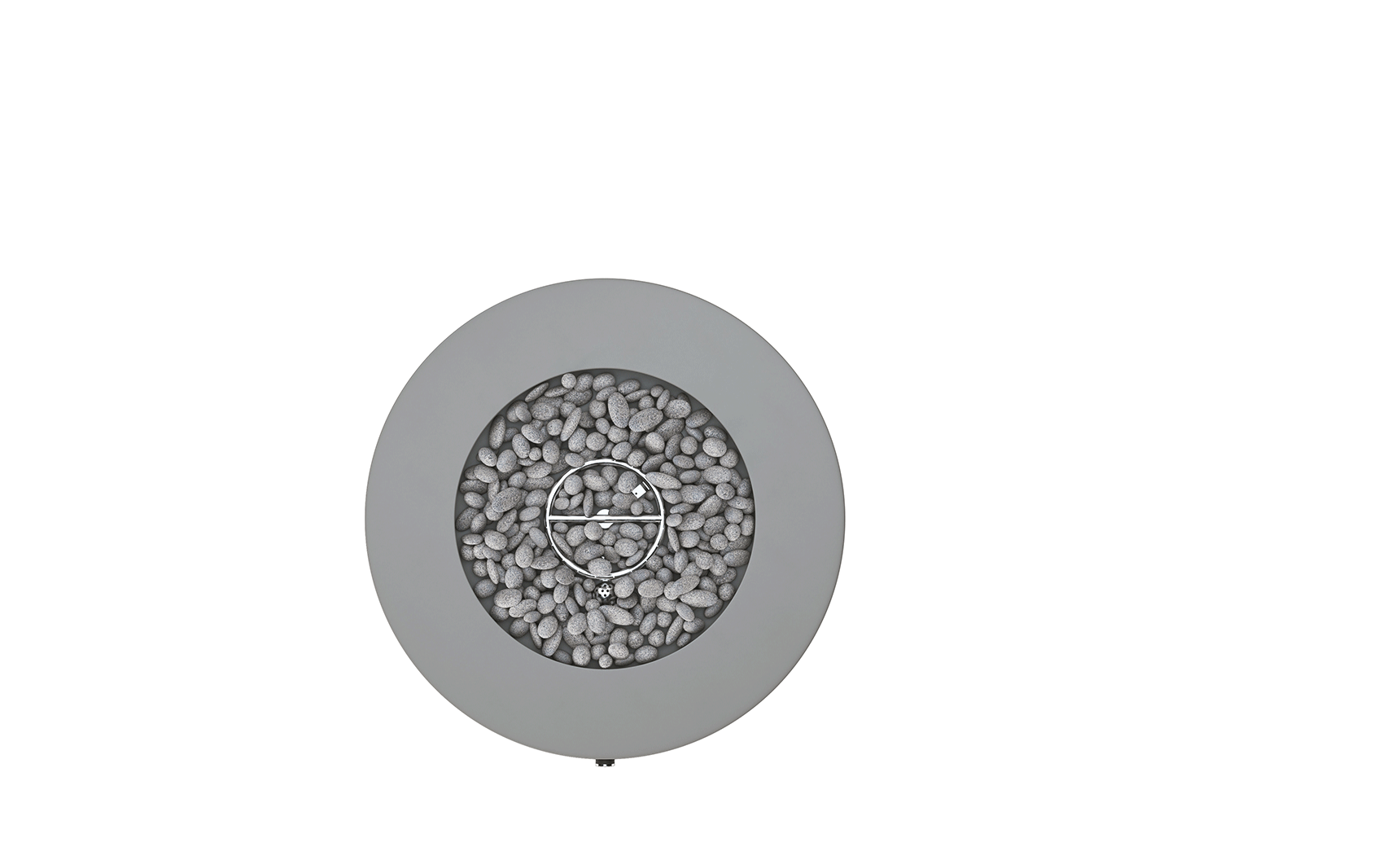Halo firepit with a gray ceramic bowl and metal frame on a wooden surface.