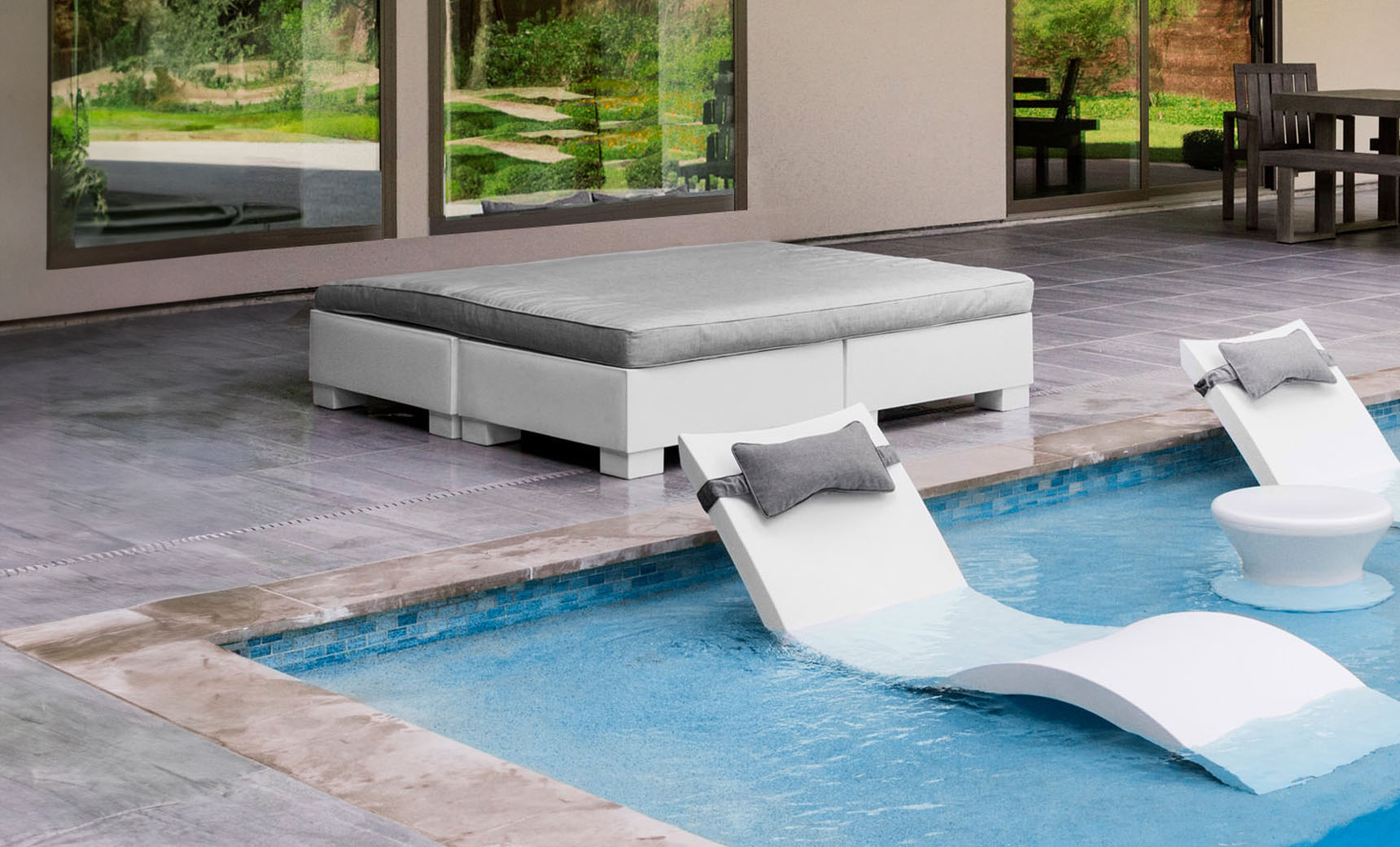Affinity Square sunbed featuring a flat cushion design for comfortable lounging.