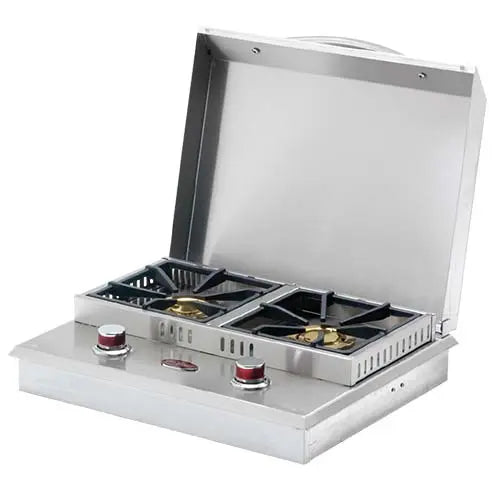 Stainless steel Cal Flame 2 burner side by side flat burner on an outdoor kitchen countertop