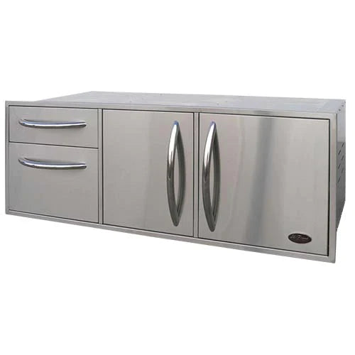 Cal Flame Utility Storage Set in stainless steel, providing ample space for storing cookware and utensils outdoors
