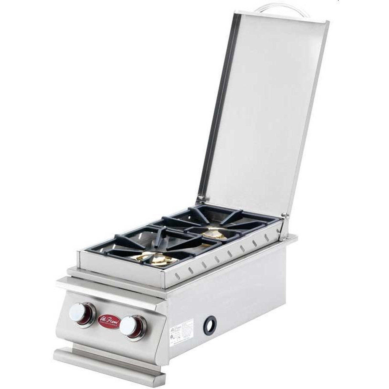 Stainless steel Cal Flame Double Side Burner with two burners and control knobs
