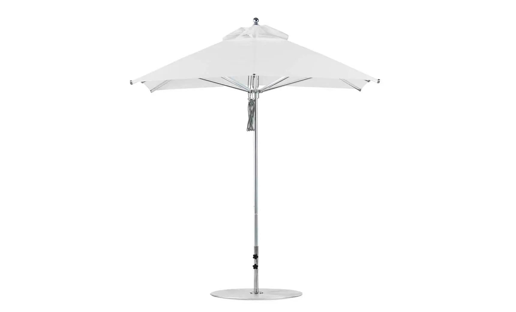 7.5-foot Square Pulley Premier umbrella in vibrant red with clear ribs and silver hardware