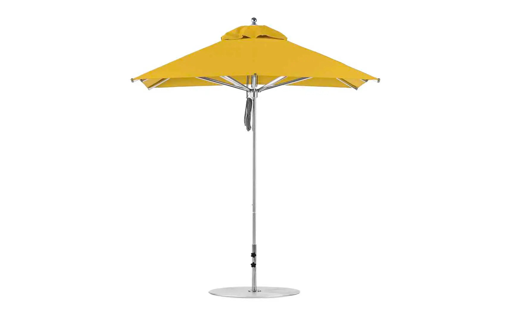7.5-foot Square Pulley Premier umbrella in vibrant red with clear ribs and silver hardware
