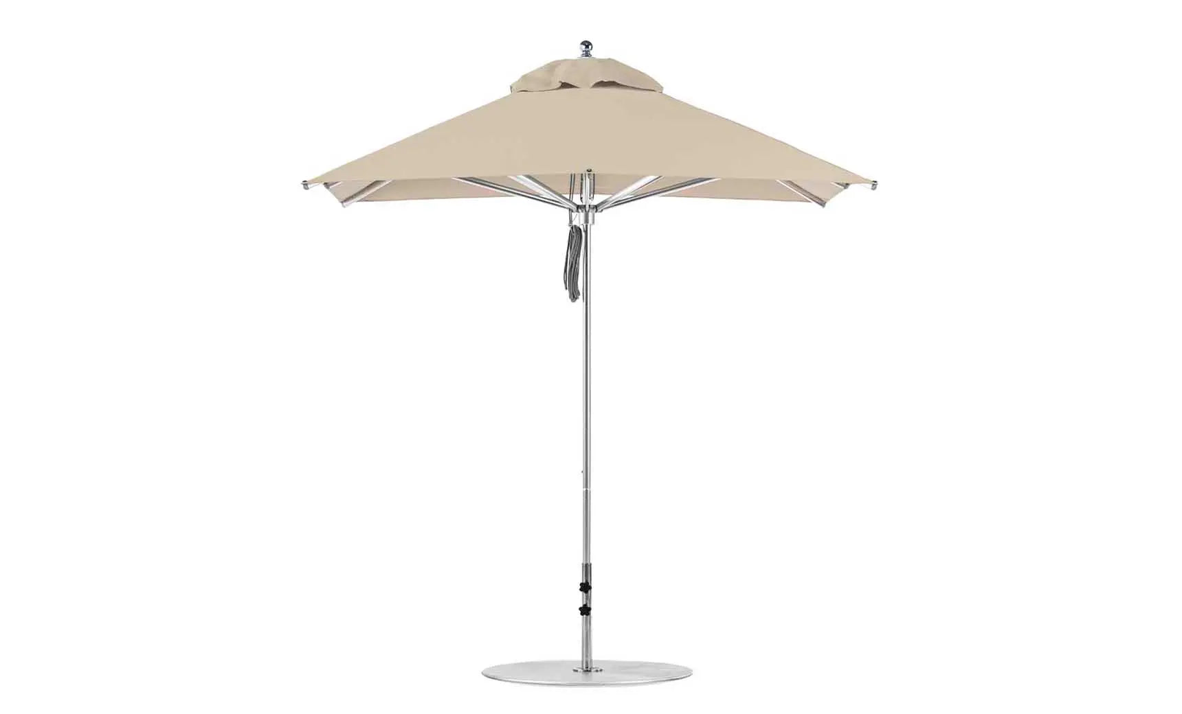 7.5-foot Square Pulley Premier umbrella in vibrant red with clear ribs and silver hardware.