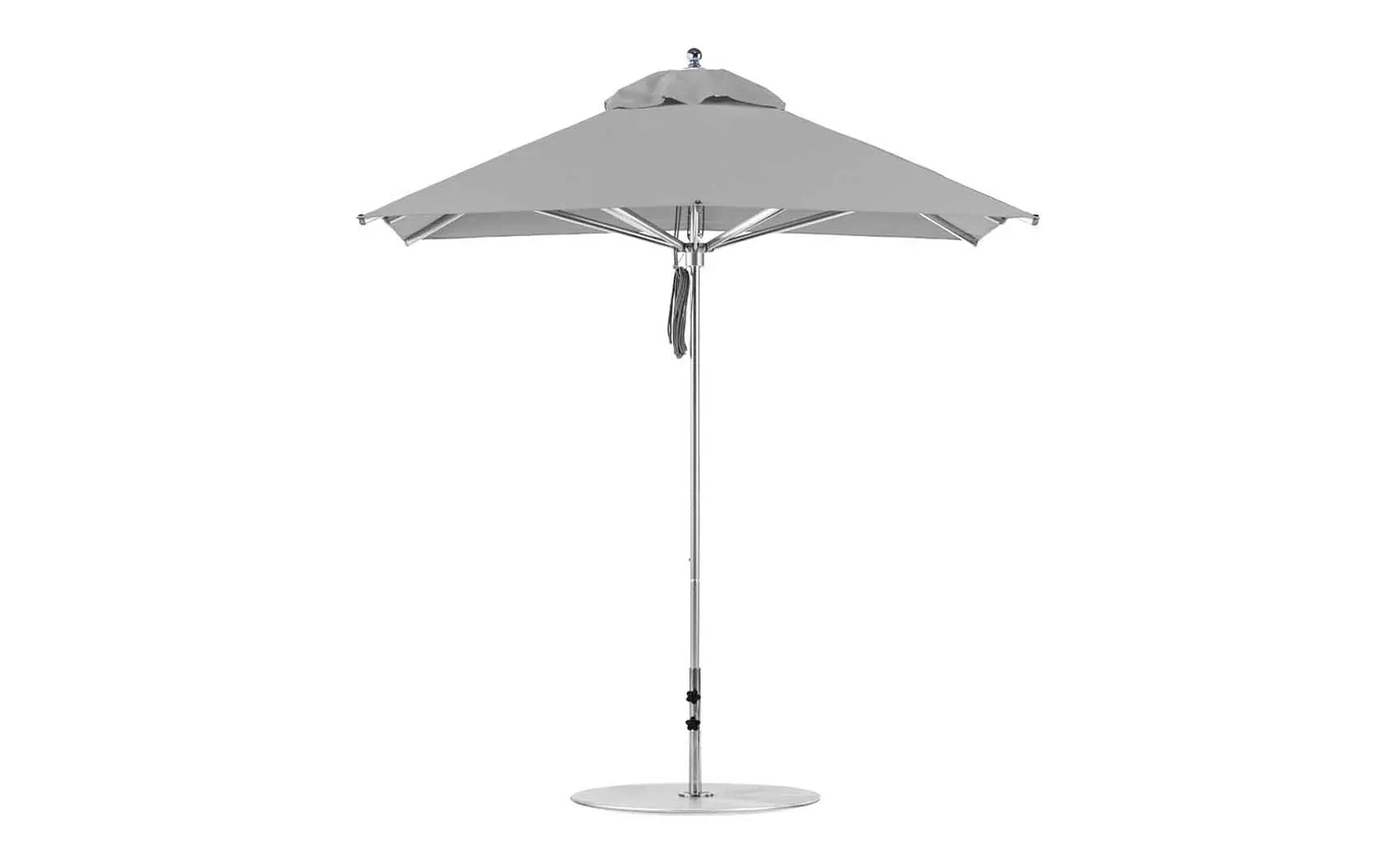 7.5-foot Square Pulley Premier umbrella in vibrant red with wooden frame and clear canopy