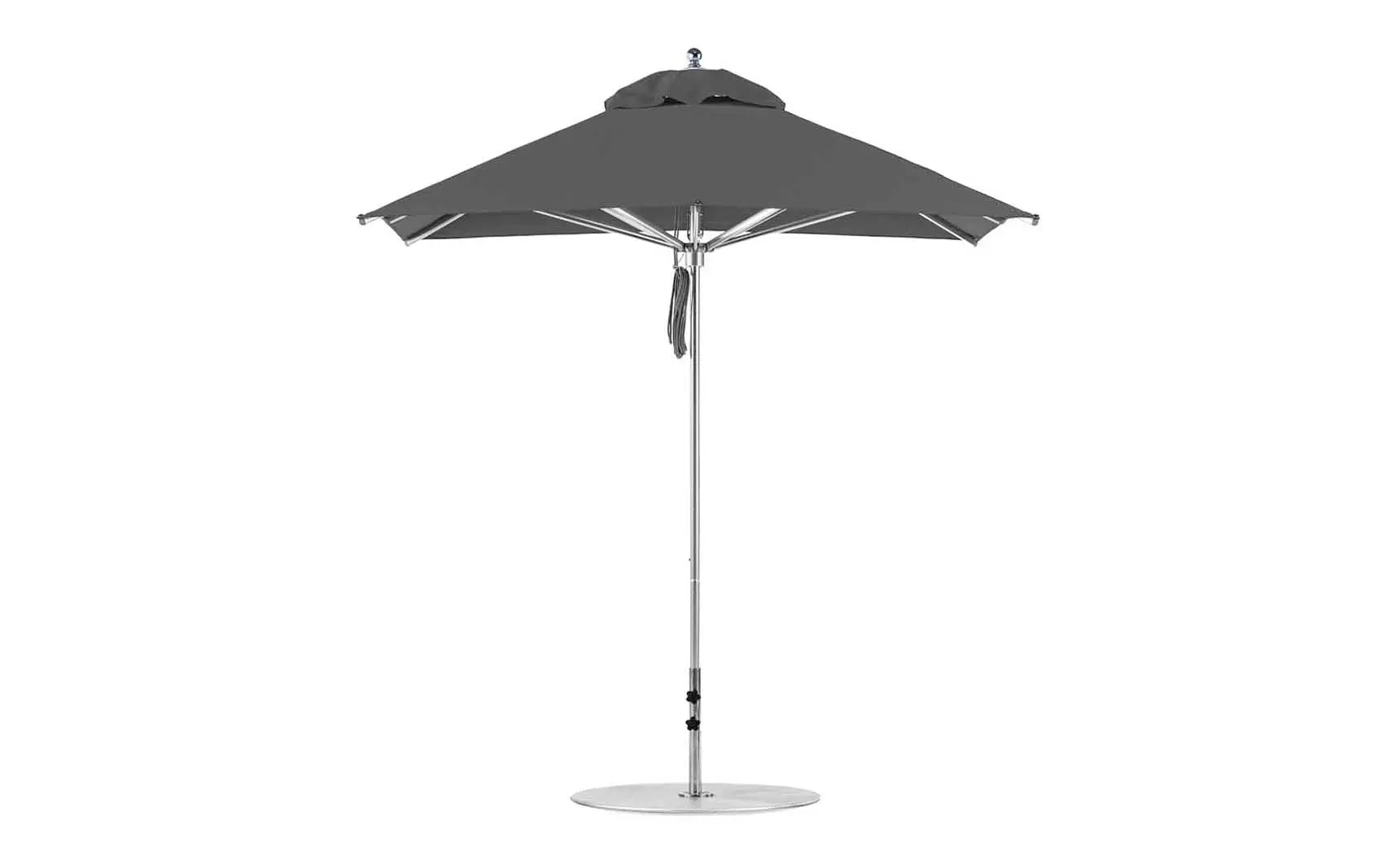 7.5-foot Square Pulley Premier umbrella in vibrant red with clear ribs and silver hardware