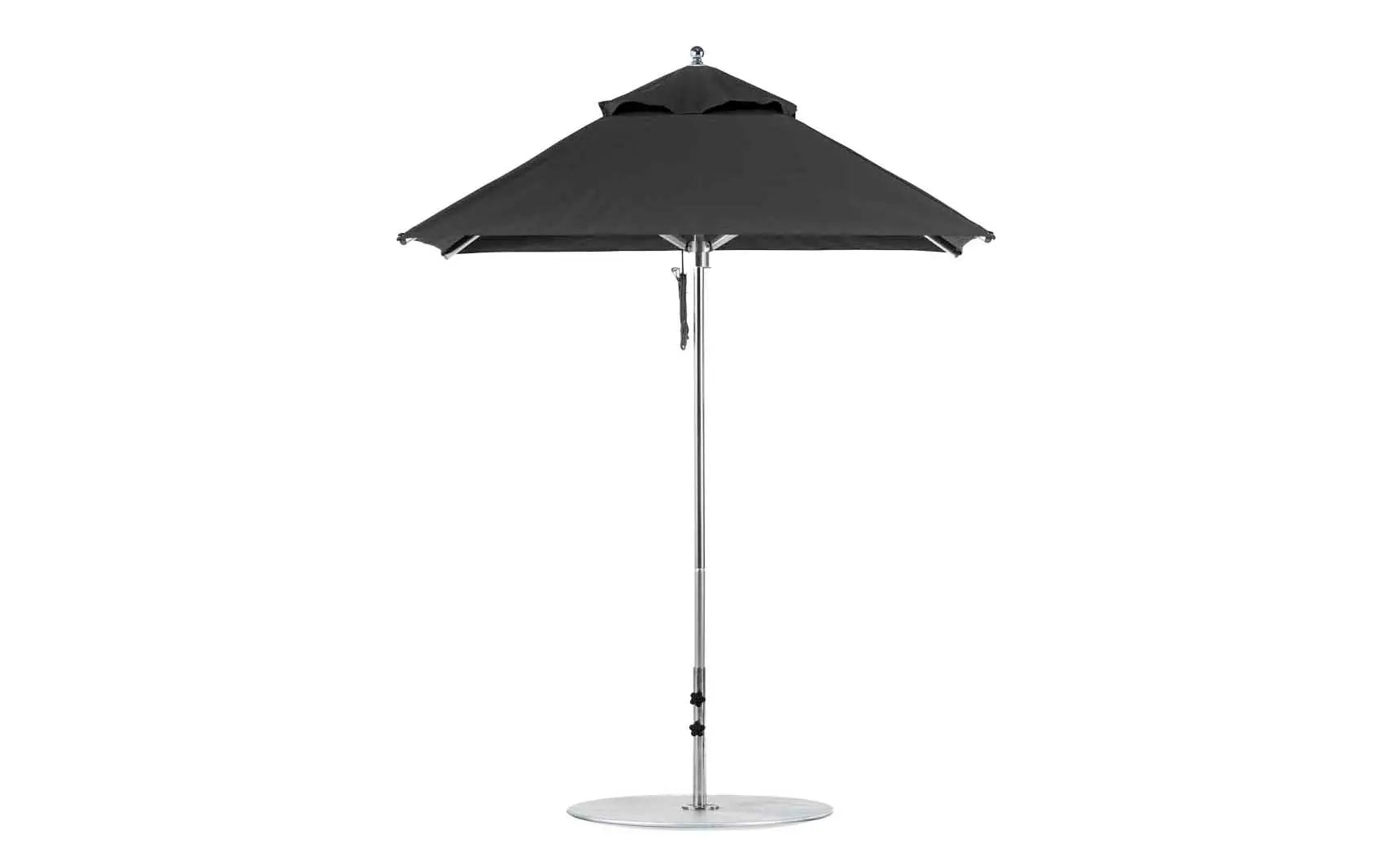 6.5-foot square Pulley Premier umbrella with clear canopy and silver frame ribs.