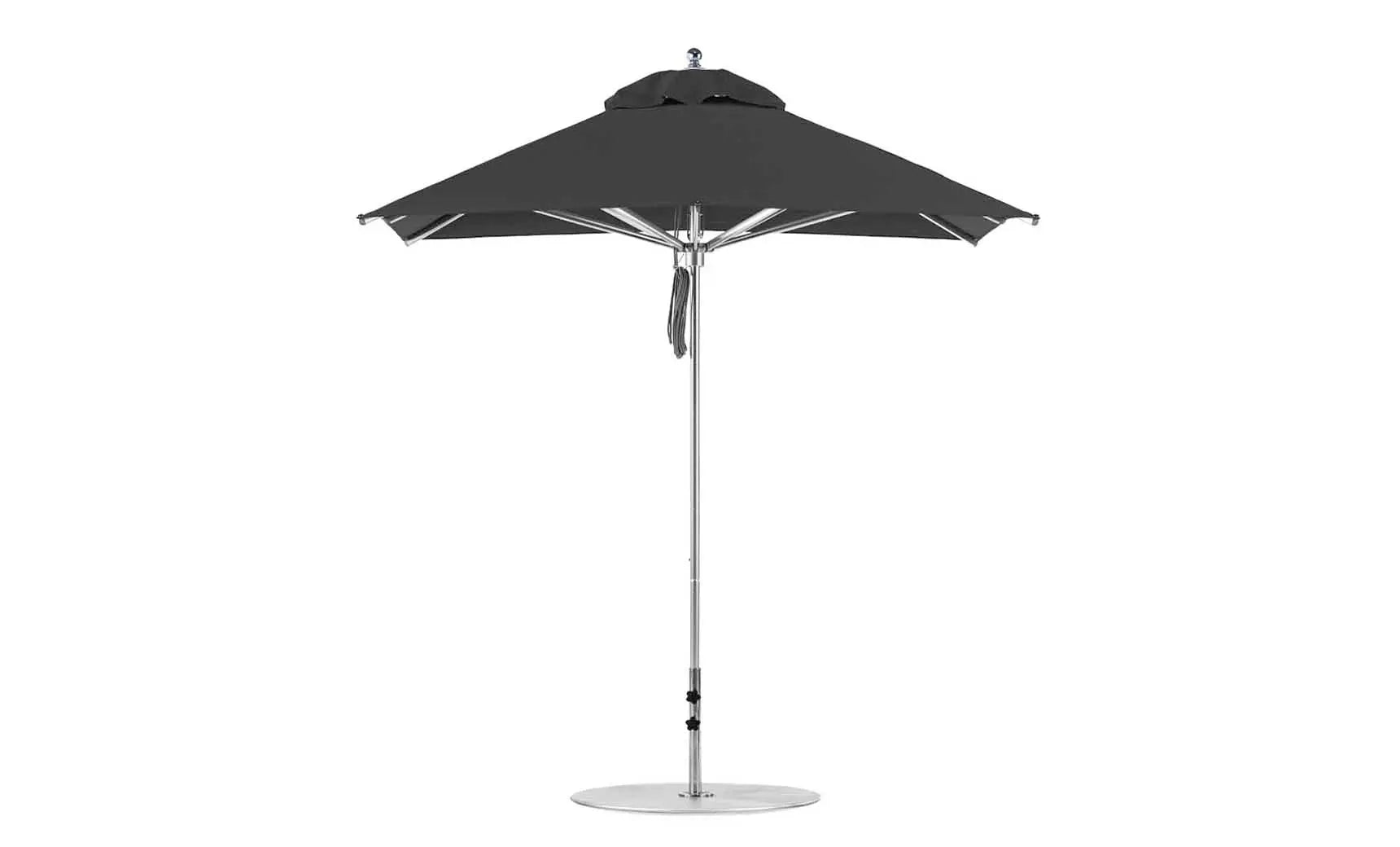 7.5-foot Square Pulley Premier umbrella in vibrant red with clear ribs and silver hardware