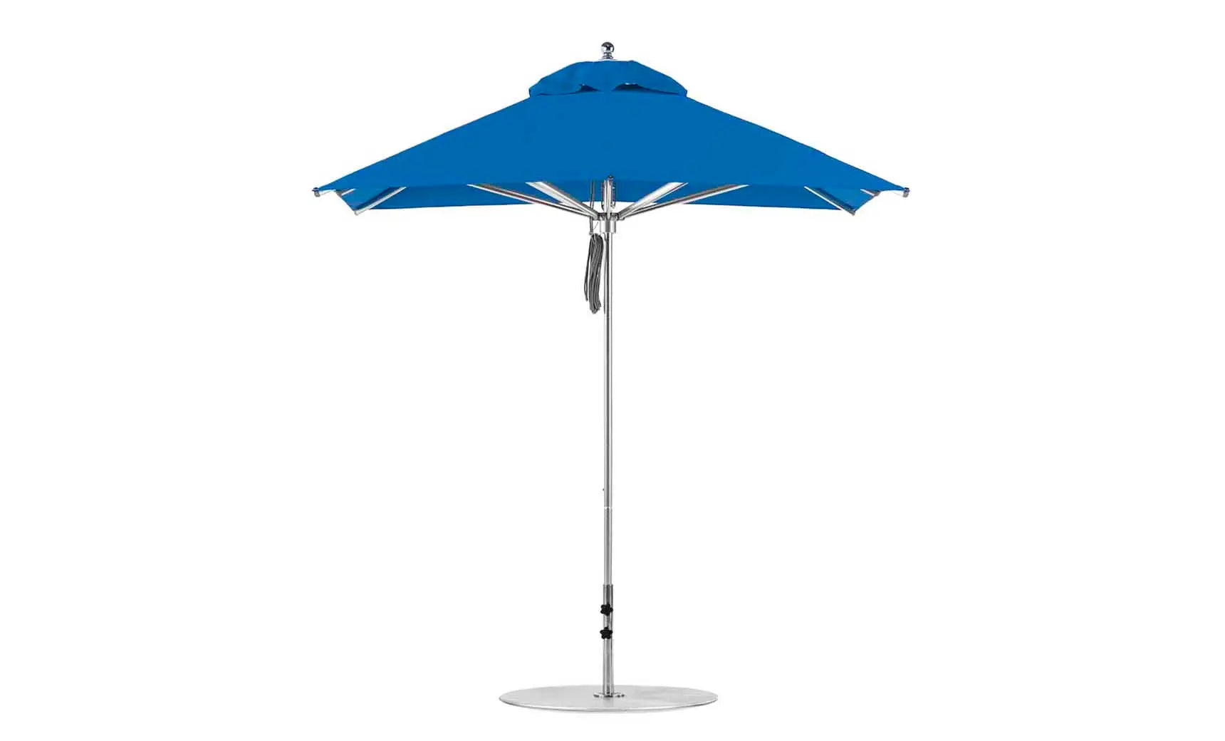 7.5-foot square Pulley Premier umbrella in vibrant red with clear ribs and silver hardware