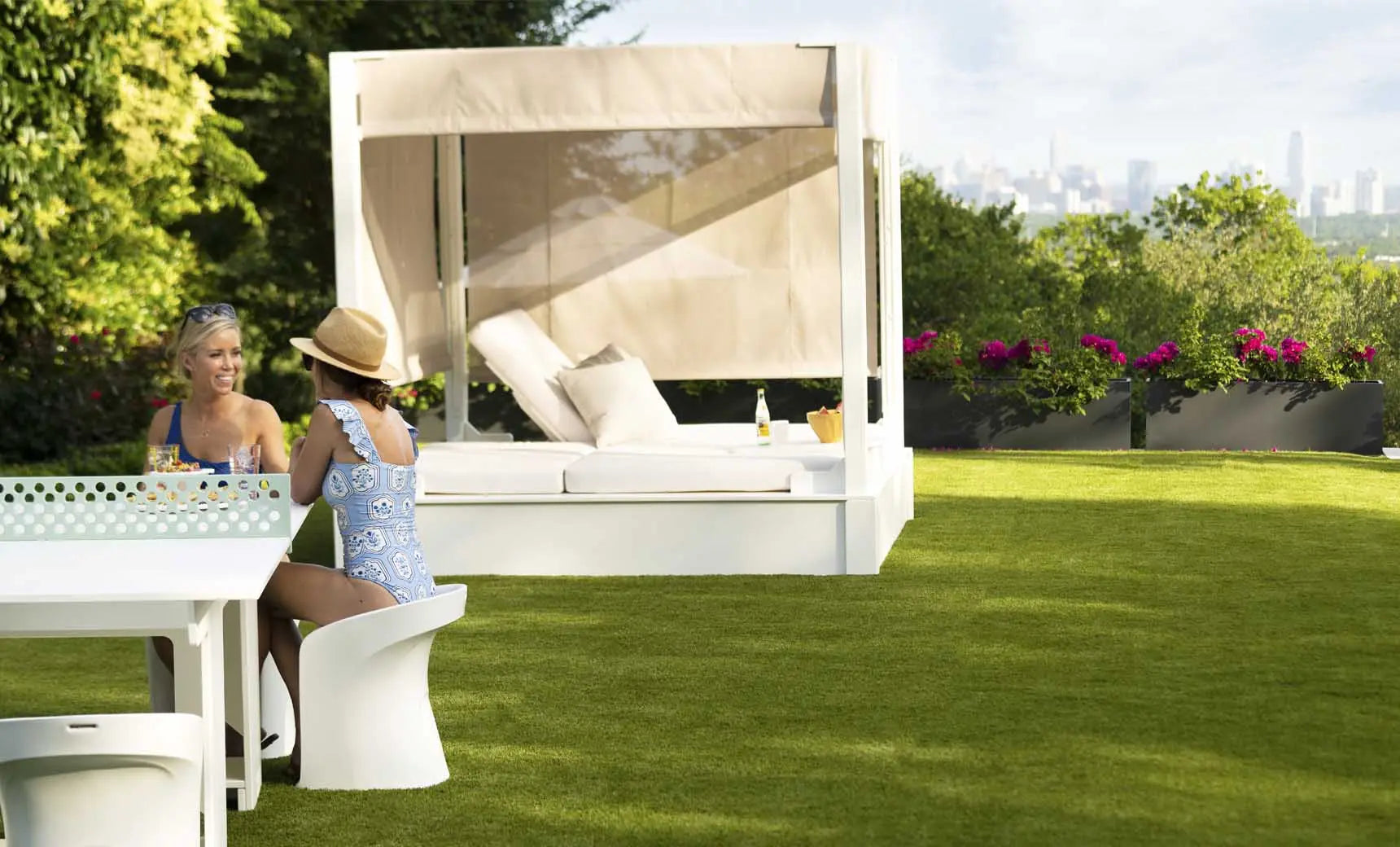 Shift Daybed featuring a sleek wooden frame with adjustable headrest and storage compartment beneath.