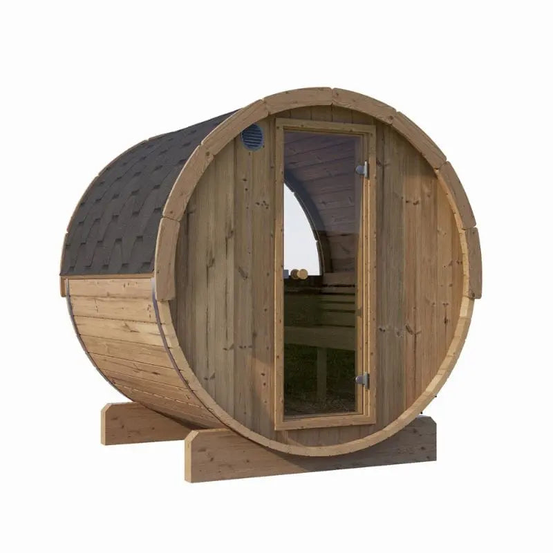SaunaLife 4-Person Half-Moon Panoramic Outdoor Barrel Sauna Model E7W | AQVINA World - Aqvina LLC