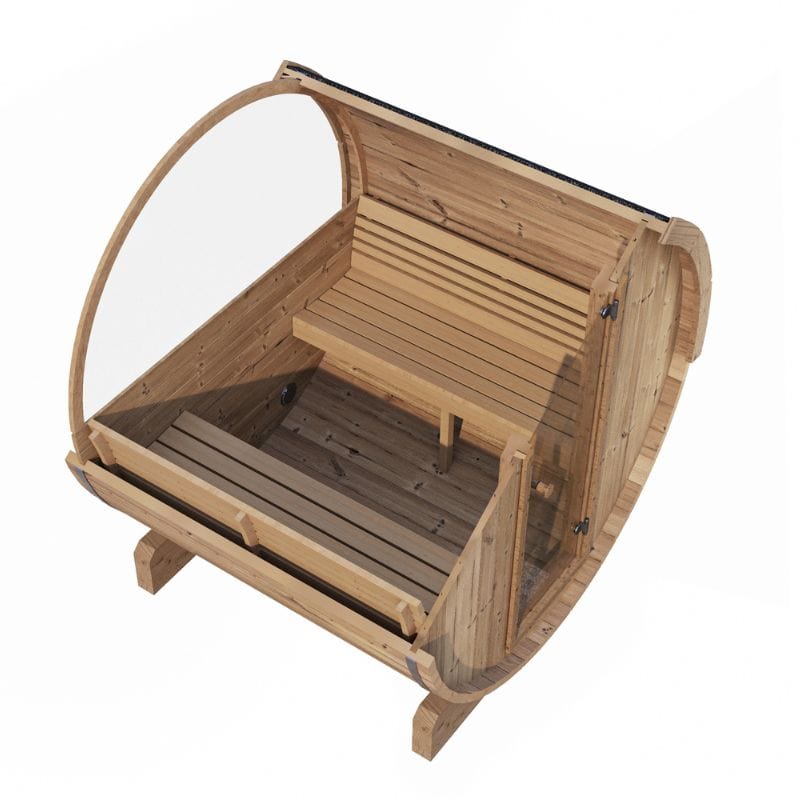 SaunaLife 4-Person Half-Moon Panoramic Outdoor Barrel Sauna Model E7W | AQVINA World