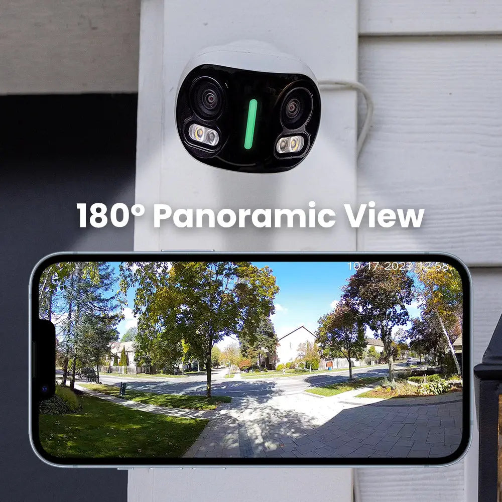 Outdoor security camera with 180-degree panoramic view displayed on a smartphone screen.