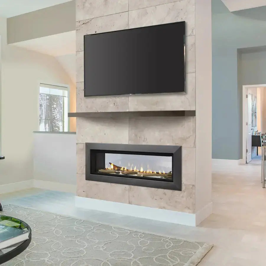 Majestic Echelon II 48-inch see-through direct vent gas fireplace with IntelliFire touchscreen remote control.