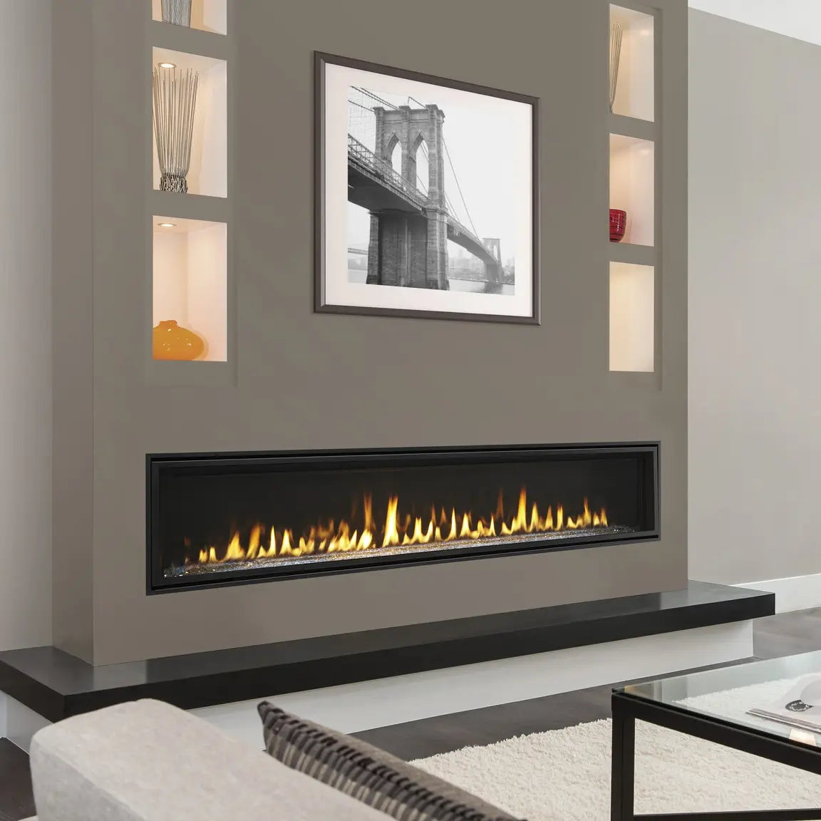 Majestic Echelon II 72" direct vent gas fireplace featuring an IntelliFire touchscreen remote control.