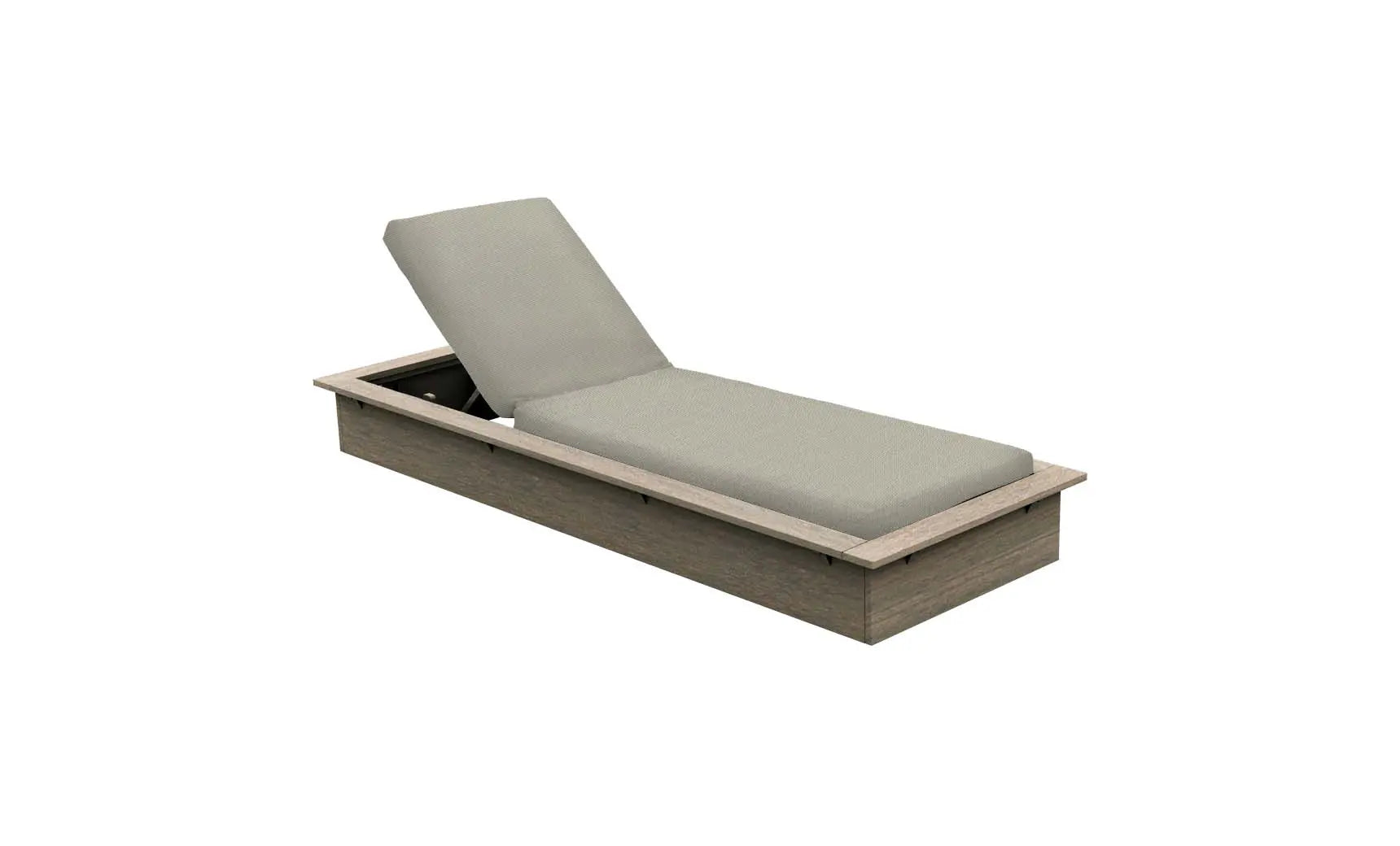Echo Design chaise lounge in modern gray fabric with wooden frame and armrests.