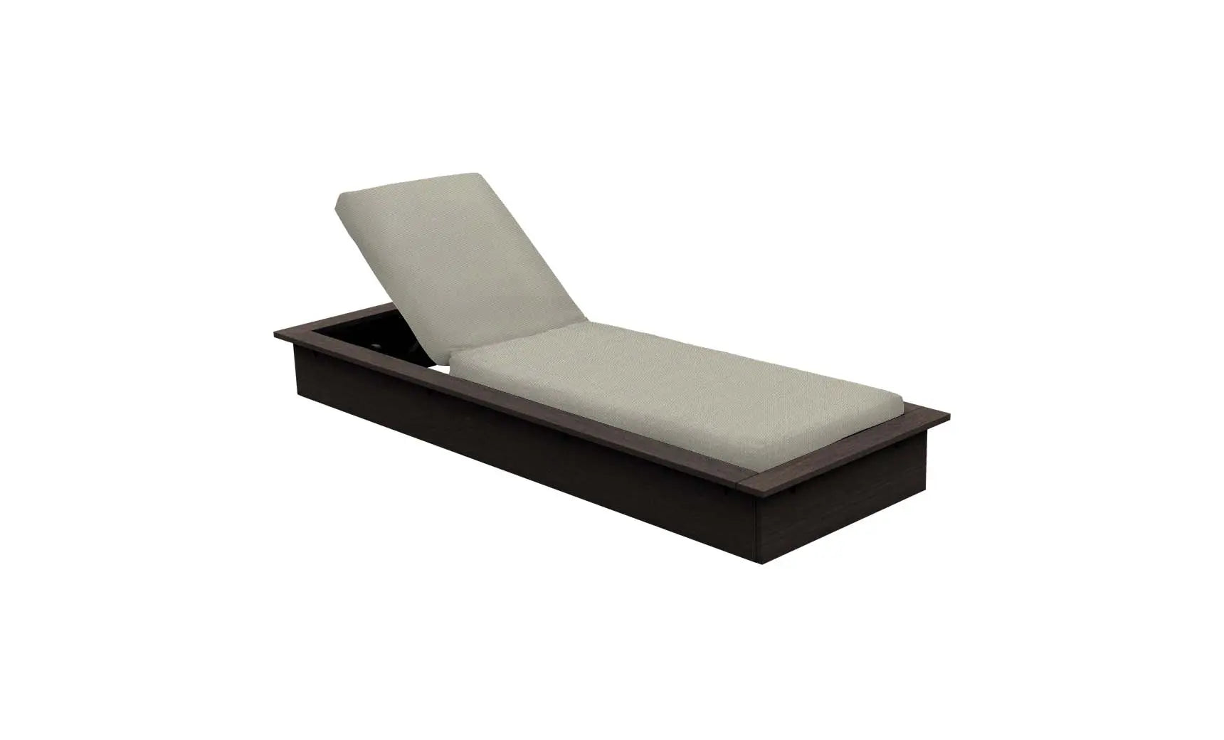 Echo Chaise lounge chair in gray fabric with wooden frame and curved backrest