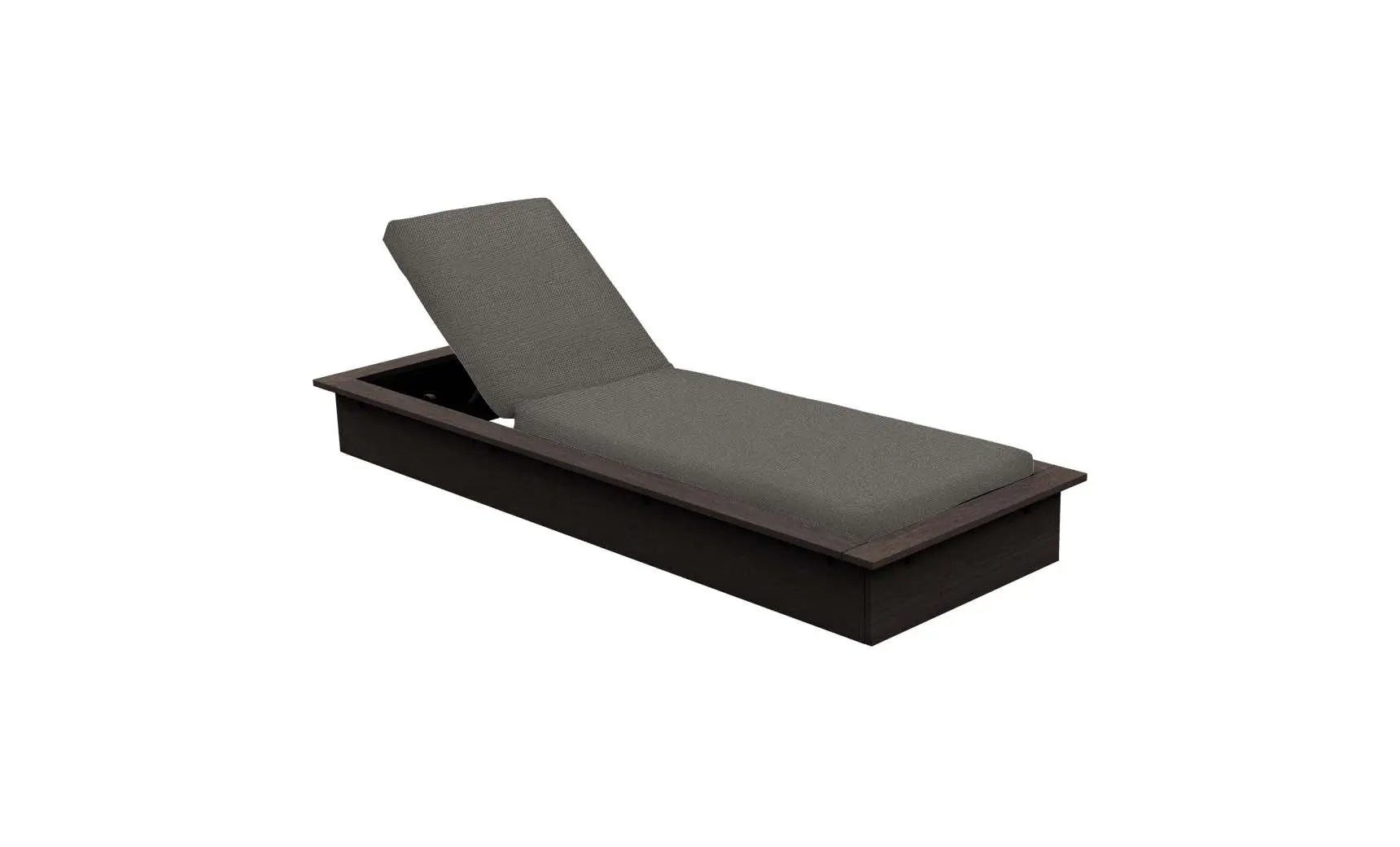 Echo Chaise lounge chair in gray fabric with wooden frame and curved backrest