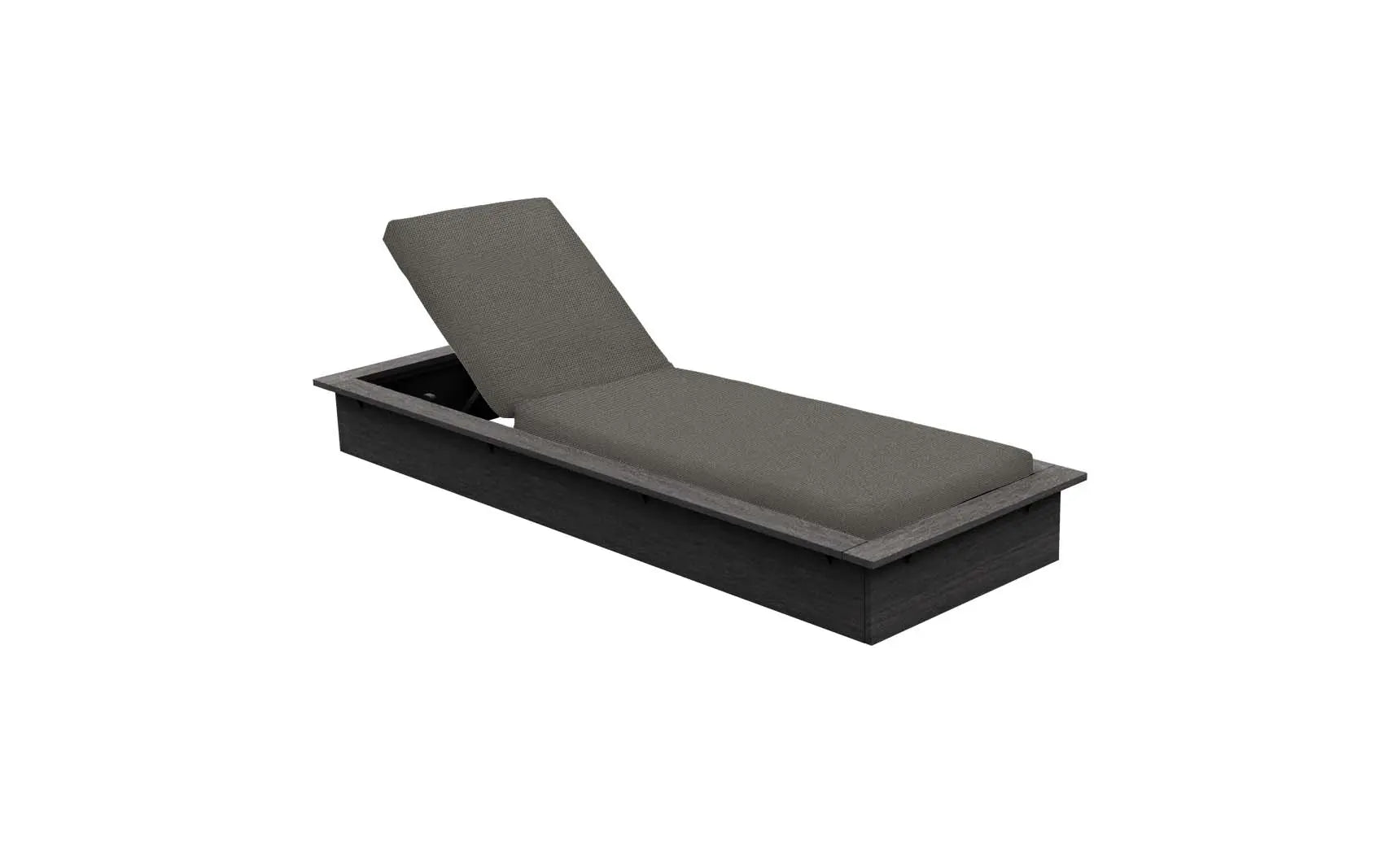 Echo Chaise lounge chair in gray fabric with wooden frame and curved backrest