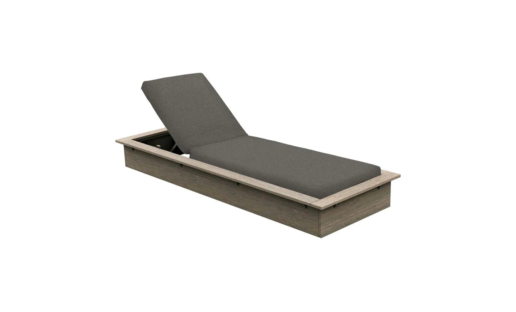Echo Chaise lounge chair in gray fabric with wooden frame and curved backrest