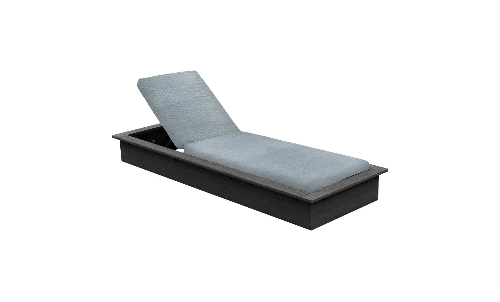 Echo Chaise lounge chair in gray fabric with wooden legs and curved backrest.