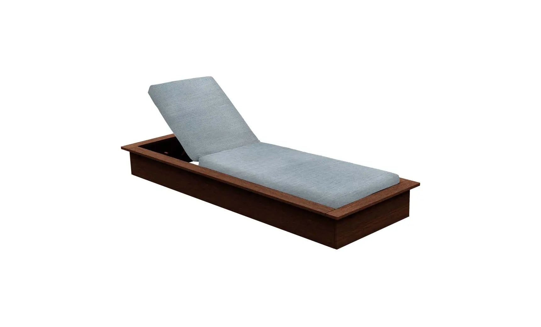 Echo Chaise lounge chair in gray fabric with wooden frame and curved backrest