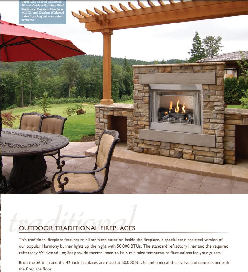 Empire 42" Carol Rose Outdoor Premium Stainless Steel Gas Fireplace with Harmony Burner and Refractory Liner