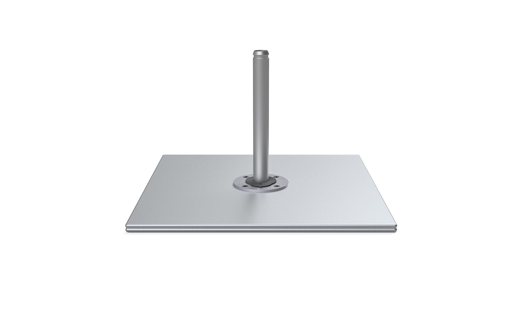 Galvanized steel plate stack cantilever base with angled supports and adjustable height screws.