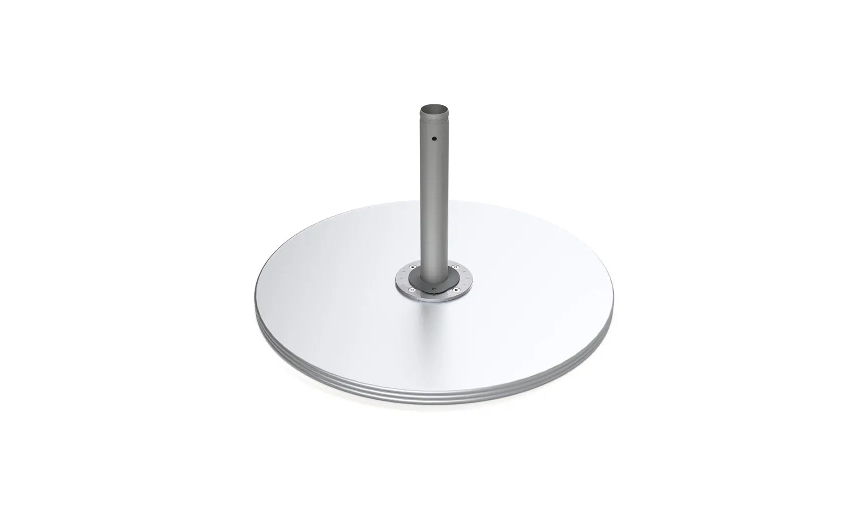 Galvanized steel plate stack cantilever base with angled supports and adjustable height screws.