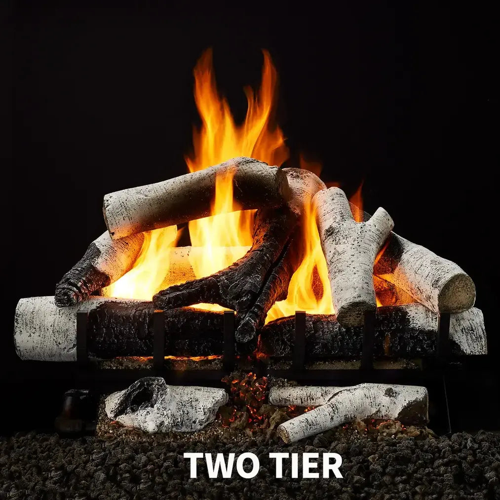 Majestic Grand Birch vented gas log set with realistic birch wood design and natural flame tips