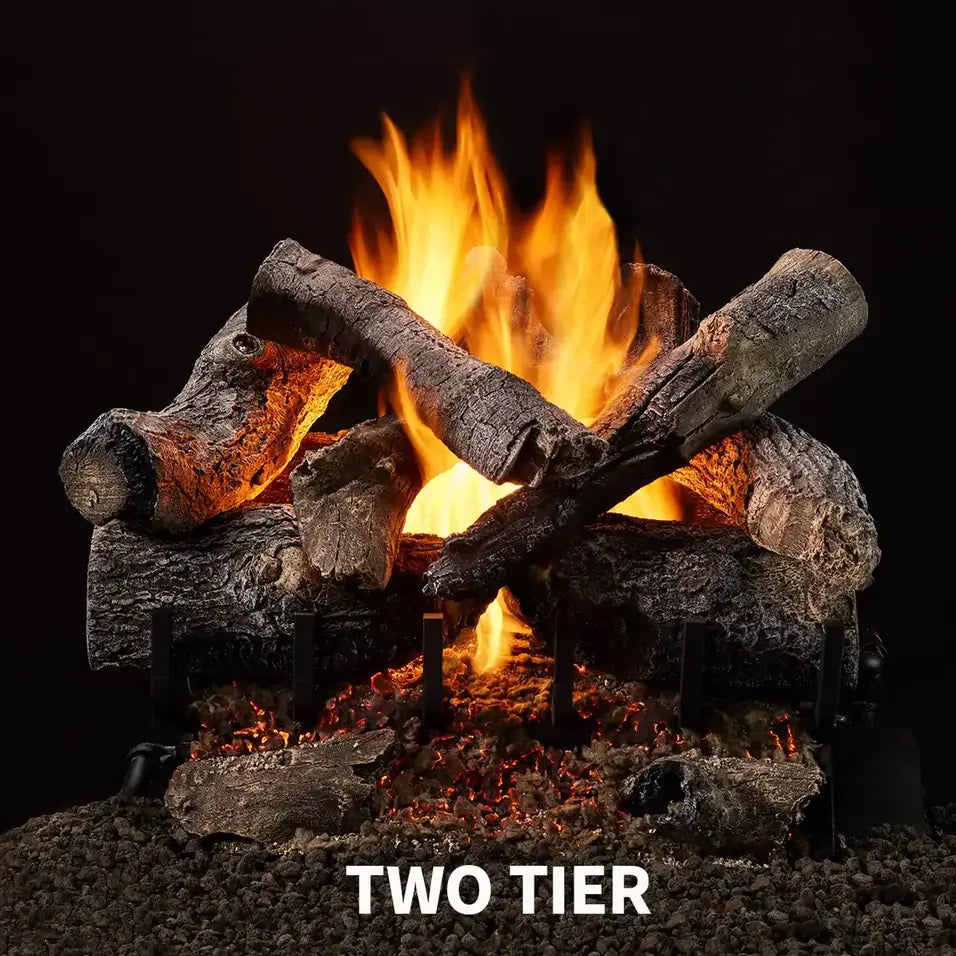 Majestic Grand Oak vented gas log set with realistic oak details and natural flame effect logs