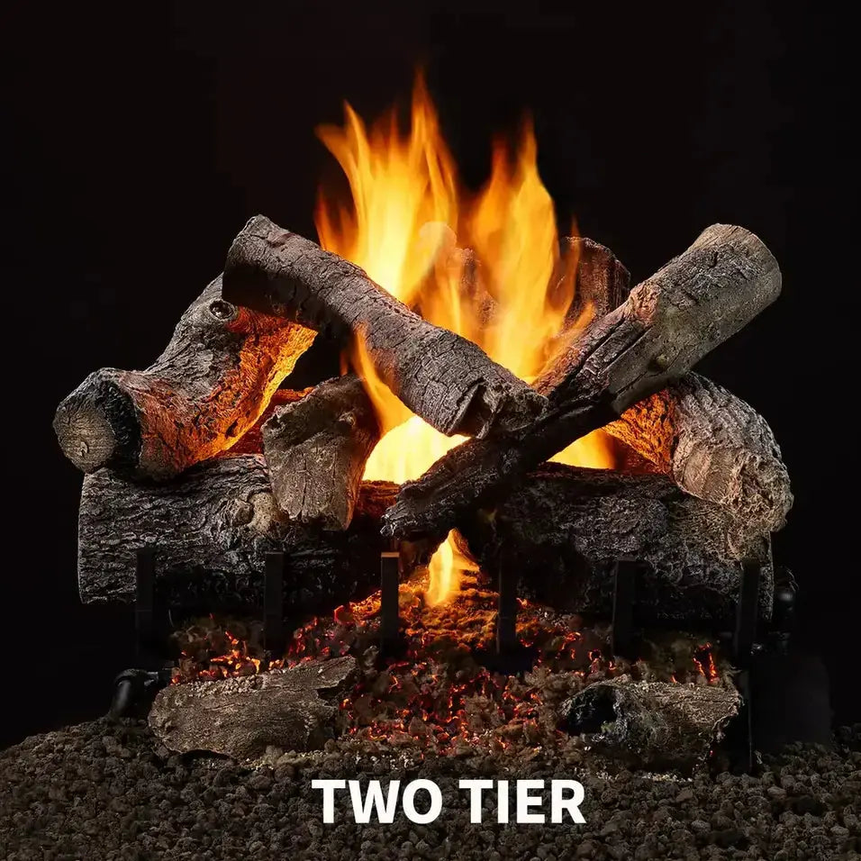 Majestic Grand Oak vented gas log set with realistic oak details and natural flame effect logs